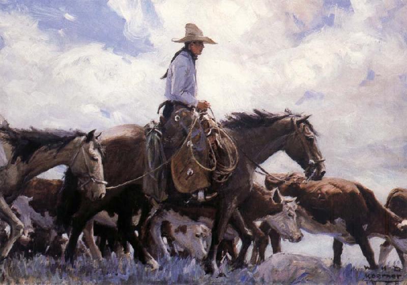 W.H.D. Koerner The Stood There Watching Him Move Across the Range,Leading His Pack Horse Germany oil painting art